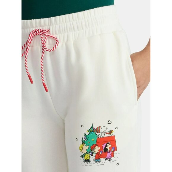 Peanuts Gang Snoopy And Friends Womens Large Holiday Jogger Sweatpants Off White - Picture 4 of 16